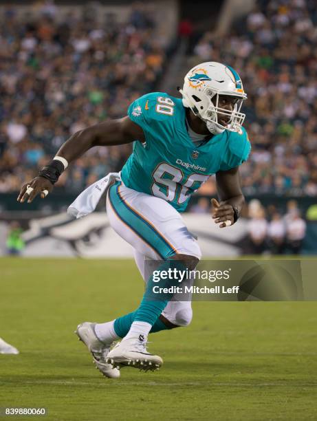 Charles Harris of the Miami Dolphins plays against the Philadelphia Eagles in the preseason game at Lincoln Financial Field on August 24, 2017 in...