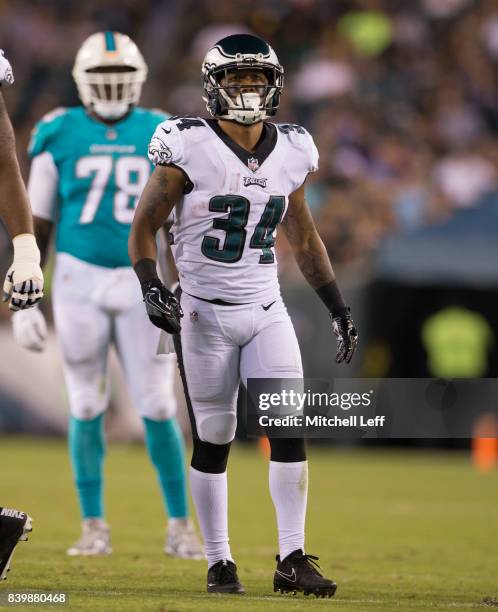 Donnel Pumphrey of the Philadelphia Eagles plays against the Miami Dolphins in the preseason game at Lincoln Financial Field on August 24, 2017 in...
