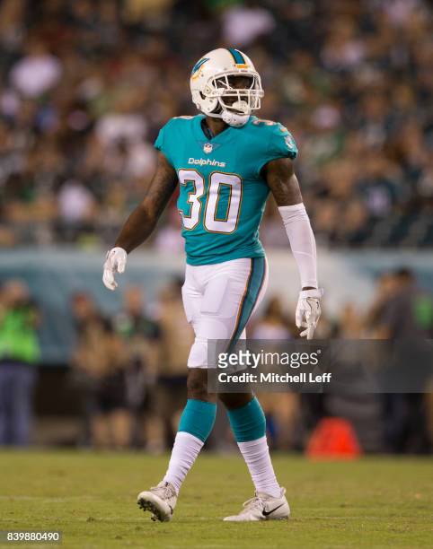 Cordrea Tankersley of the Miami Dolphins plays against the Philadelphia Eagles in the preseason game at Lincoln Financial Field on August 24, 2017 in...