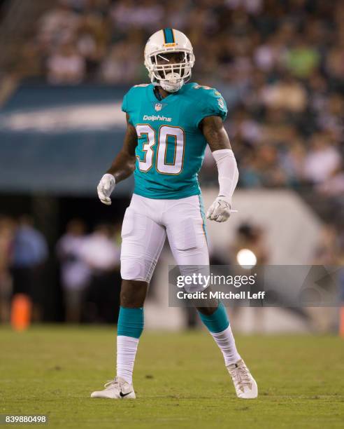 Cordrea Tankersley of the Miami Dolphins plays against the Philadelphia Eagles in the preseason game at Lincoln Financial Field on August 24, 2017 in...