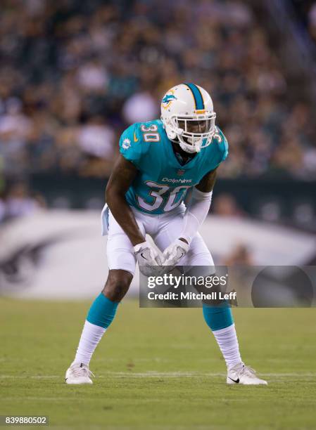 Cordrea Tankersley of the Miami Dolphins plays against the Philadelphia Eagles in the preseason game at Lincoln Financial Field on August 24, 2017 in...