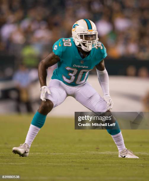 Cordrea Tankersley of the Miami Dolphins plays against the Philadelphia Eagles in the preseason game at Lincoln Financial Field on August 24, 2017 in...