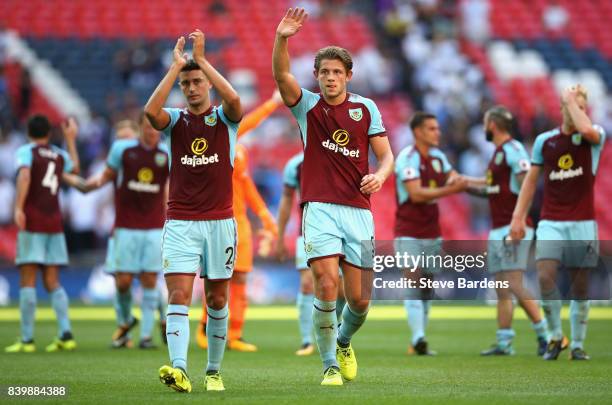 Robbie Brady of Burnley shows appreciation to the fans after the Premier League match between Tottenham Hotspur and Burnley at Wembley Stadium on...