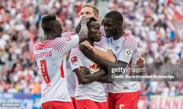 Bruma of RB Leipzig celebrates with team mates after scoring his team's fourth goal during the Bundesliga match between RB Leipzig and Sport-Club...
