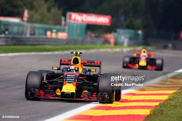 Max from Nederlans of Red Bull Tag Heuer during the Formula One Belgian Grand Prix at Circuit de Spa-Francorchamps on August 27, 2017 in Spa, Belgium.