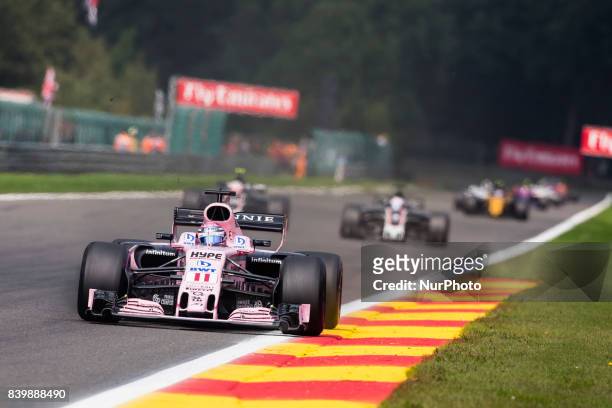 Sergio from Mexico of Force India during the Formula One Belgian Grand Prix at Circuit de Spa-Francorchamps on August 27, 2017 in Spa, Belgium.