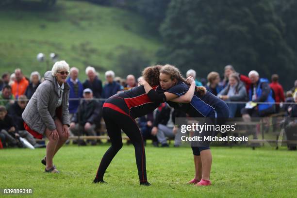 Competitors in the Girl's Wrestling competition during Grasmere Lakeland Sports Show on August 27, 2017 in Grasmere, England.