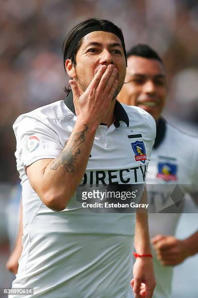 Jaime Valdes of Colo-Colo celebrates after scoring the second goal of his team during a match between Colo-Colo and U de Chile as part of Torneo...