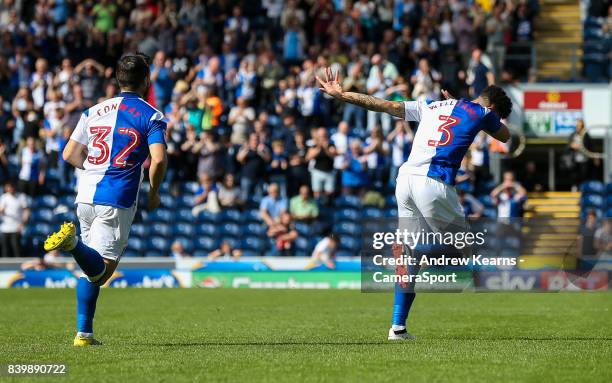 Blackburn Rovers' Derrick Williams scores his side's first goal during the Sky Bet League One match between Blackburn Rovers and Milton Keynes Dons...