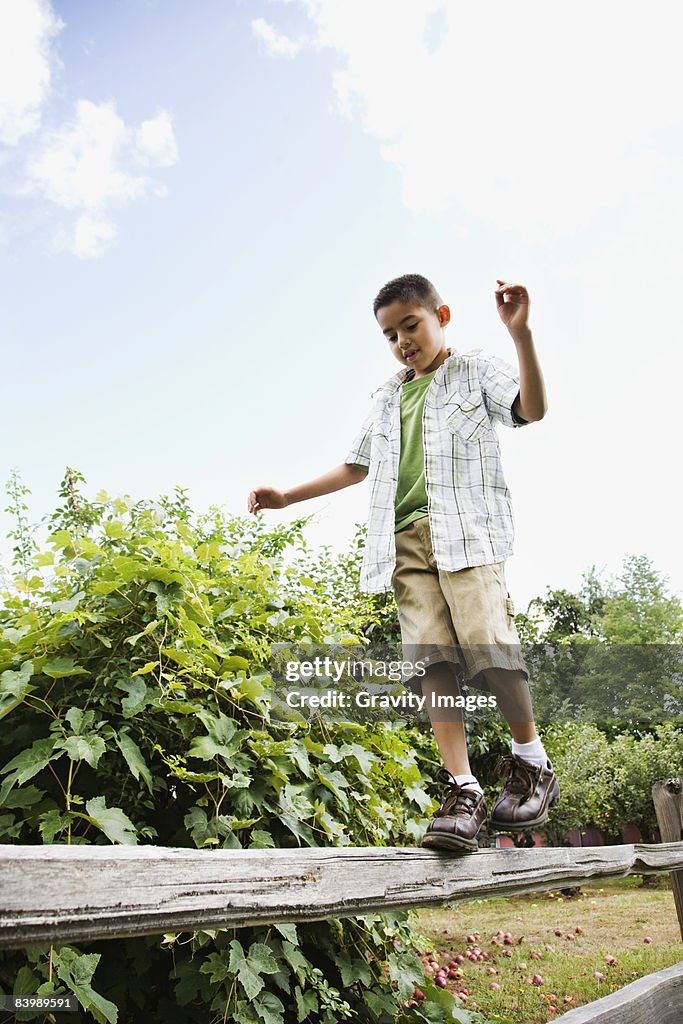 Young Boy Walking on Wooden Fense
