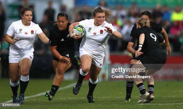 Sarah Bern of England charges upfield during the Women's Rugby World Cup 2017 Final betwen England and New Zealand at the Kingspan Stadium on August...