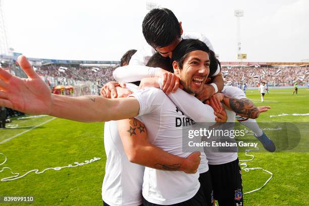 Jaime Valdes of Colo-Colo celebrates after scoring the second goal of his team during a match between Colo-Colo and U de Chile as part of Torneo...