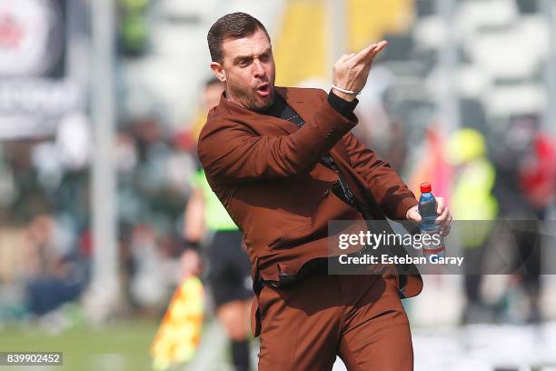 Pablo Guede coach of Colo-Colo gives instructions to his players during a match between Colo-Colo and U de Chile as part of Torneo Transicion 2017 at...