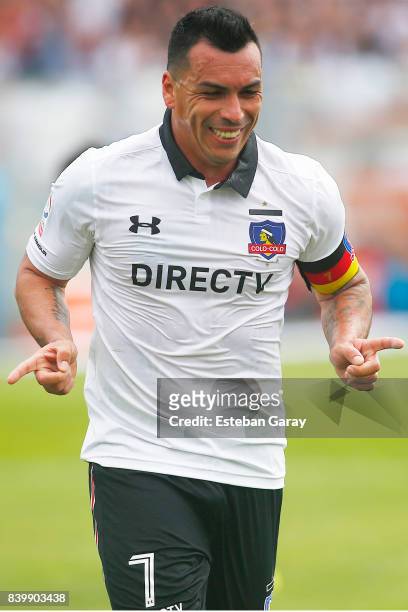 Esteban Paredes of Colo-Colo celebrates after scoring the fourth goal of his team during a match between Colo-Colo and U de Chile as part of Torneo...