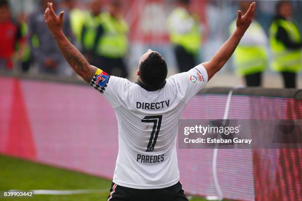 Esteban Paredes of Colo-Colo celebrates after scoring the fourth goal of his team during a match between Colo-Colo and U de Chile as part of Torneo...