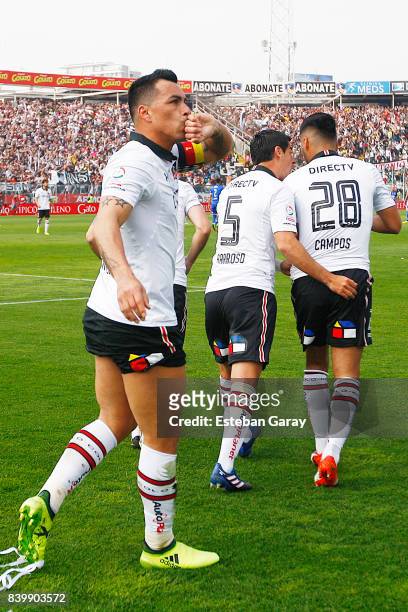 Esteban Paredes of Colo-Colo celebrates after scoring the first goal of his team during a match between Colo-Colo and U de Chile as part of Torneo...