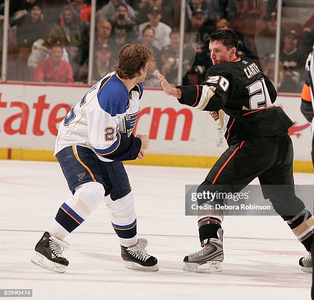 Yan Stastny of the St. Louis Blues scraps with Ryan Carter of the Anaheim Ducks during the game on December 10, 2008 at Honda Center in Anaheim,...