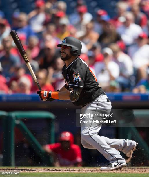 Mike Aviles of the Miami Marlins bats against the Philadelphia Phillies at Citizens Bank Park on August 24, 2017 in Philadelphia, Pennsylvania.