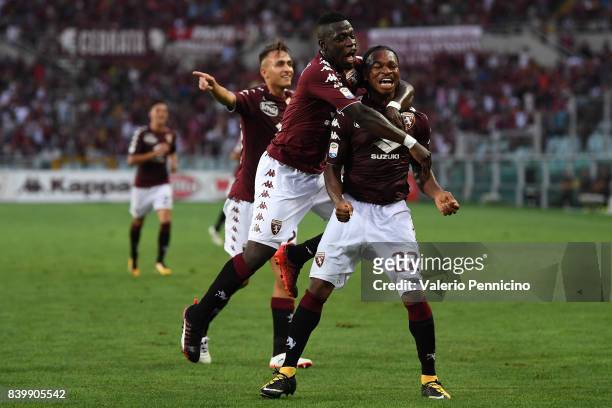 Joel Obi of Torino FC celebrates after scoring a goal with team mate Afriyie Acquah during the Serie A match between Torino FC and US Sassuolo FC at...