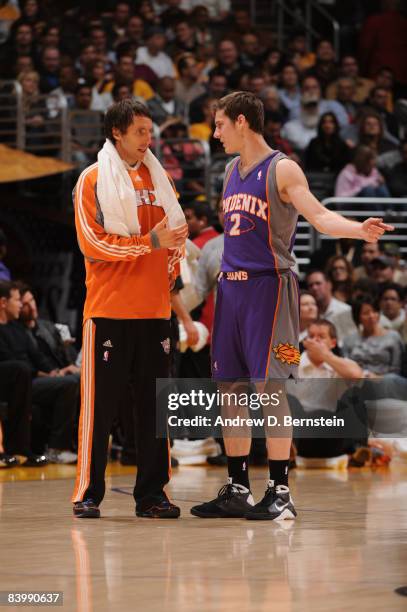 Steve Nash of the Phoenix Suns speaks with teammate Goran Dragic during a break in the action of their game against the Los Angeles Lakers at Staples...