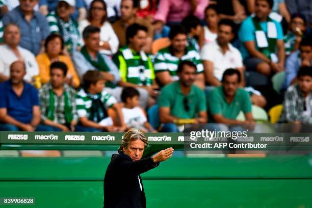 Sporting's head coach Jorge Jesus gestures from the sideline during the Portuguese league football match Sporting CP vs Estoril Praia at the Jose...