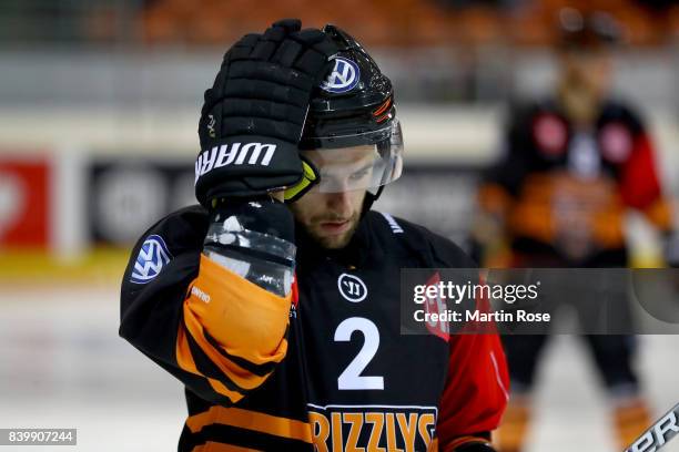 Jeremy Dehner of Wolfsburg looks dejected during the Champions Hockey League match between Grizzlys Wolfsburg and Tappara Tampere at Eis Arena...