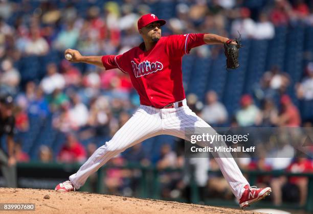 Jesen Therrien of the Philadelphia Phillies pitches against the Miami Marlins at Citizens Bank Park on August 24, 2017 in Philadelphia, Pennsylvania.