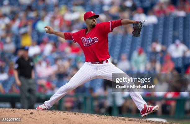 Jesen Therrien of the Philadelphia Phillies pitches against the Miami Marlins at Citizens Bank Park on August 24, 2017 in Philadelphia, Pennsylvania.