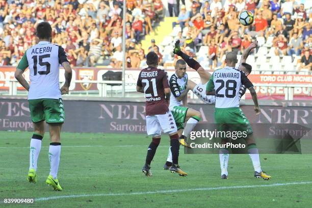 Andrea Belotti scores a goal during the Serie A football match between Torino FC and US Sassuolo at Olympic Grande Torino Stadium on august 27, 2017...