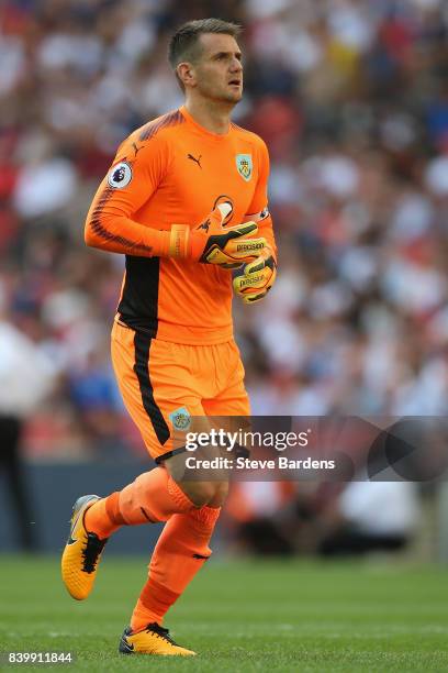 Thomas Heaton of Burnley celebrates his sides first goal during the Premier League match between Tottenham Hotspur and Burnley at Wembley Stadium on...