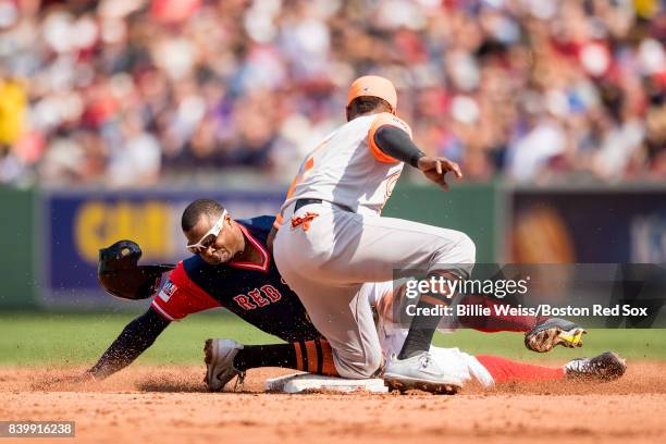 Rajai Davis of the Boston Red Sox is tagged out by Tim Beckham of the Baltimore Orioles as he attempts to steal second base during the fourth inning...
