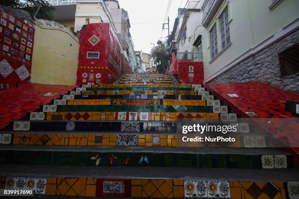 Staircase Selaron tourist attraction in downtown Rio de Janeiro, Brazil on 25 August 2017. The site has become one of the main tourist attractions of...