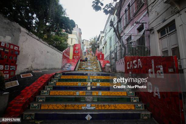 Staircase Selaron tourist attraction in downtown Rio de Janeiro, Brazil on 25 August 2017. The site has become one of the main tourist attractions of...