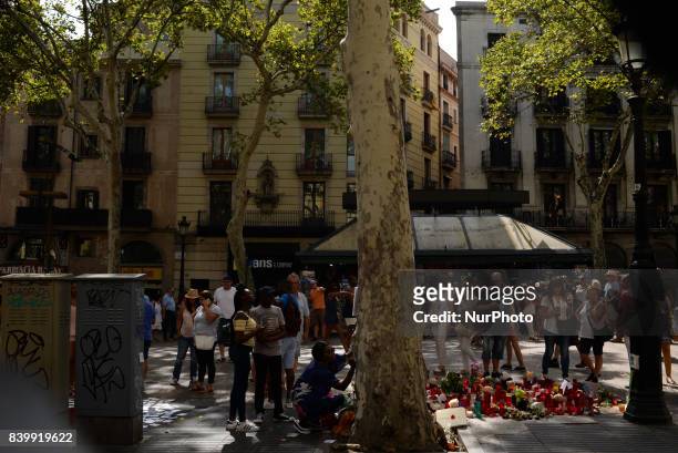 People display flowers, messages and candles to pay tribute to the victims of the Barcelona and Cambrils attacks in Cambrils on August 26, 2017. The...
