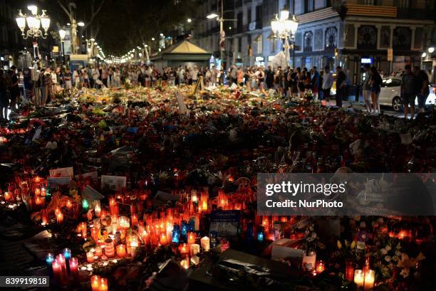 People display flowers, messages and candles to pay tribute to the victims of the Barcelona and Cambrils attacks in Cambrils on August 26, 2017. The...