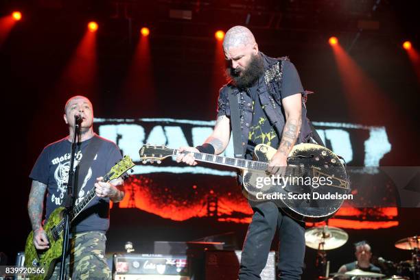 Guitarist/singer Lars Frederiksen and Tim Armstrong of the punk band Rancid perform onstage during the Its Not Dead 2 Festival at Glen Helen...