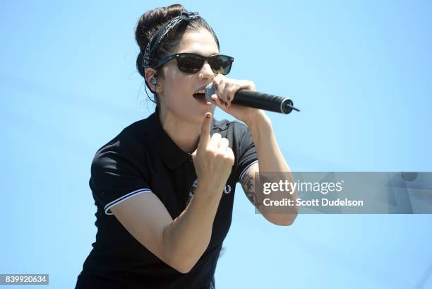 Singer Aimee Allen of the band The Interrupters performs onstage during the Its Not Dead 2 Festival at Glen Helen Amphitheatre on August 26, 2017 in...