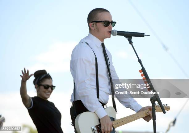 Musicians Aimee Allen and Kevin Bivona of the band The Interrupters perform onstage during the Its Not Dead 2 Festival at Glen Helen Amphitheatre on...