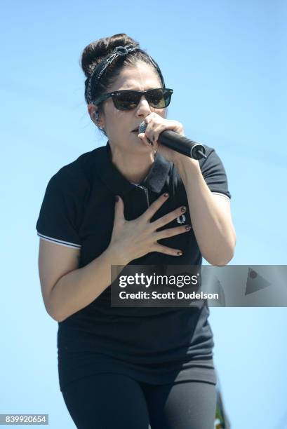 Singer Aimee Allen of the band The Interrupters performs onstage during the Its Not Dead 2 Festival at Glen Helen Amphitheatre on August 26, 2017 in...