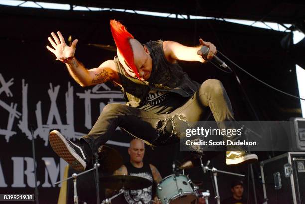 Singer Jake Kolatis of the band The Casualties performs onstage during the Its Not Dead 2 Festival at Glen Helen Amphitheatre on August 26, 2017 in...