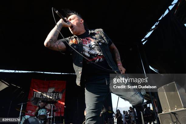 Singer Mark Unseen of the band The Unseen performs onstage during the Its Not Dead 2 Festival at Glen Helen Amphitheatre on August 26, 2017 in San...
