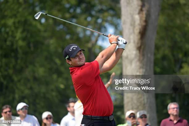 Patrick Reed hits his tee shot at the second hole during the final round of THE NORTHERN TRUST at Glen Oaks Club on August 27 in Old Westbury, New...