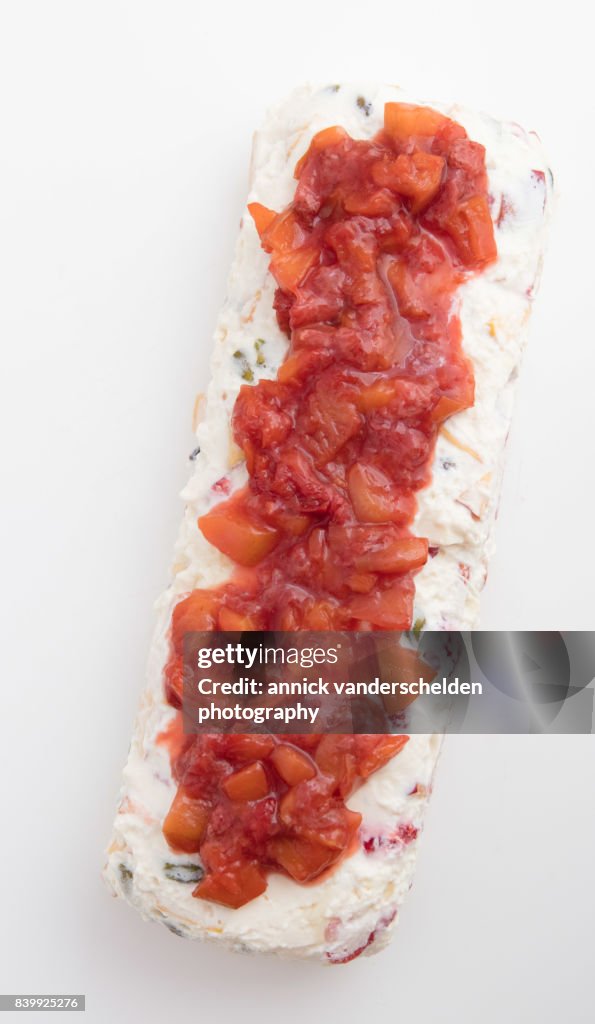 Semifreddo with strawberries and nectarines.
