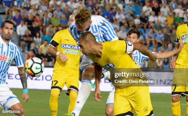 Bartosz Salamon of Spal competes with Danilo Larangeira of Udinese Calcio during the Serie A match between Spal and Udinese Calcio at Stadio Paolo...