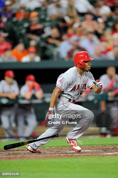 Ben Revere of the Los Angeles Angels bats against the Baltimore Orioles at Oriole Park at Camden Yards on August 18, 2017 in Baltimore, Maryland.