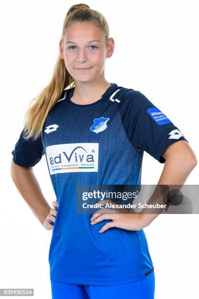 Sarai Linder of 1899 Hoffenheim poses during the Allianz Frauen Bundesliga Club Tour at Hoffenheim Trainingszentrum on August 23, 2017 in St....