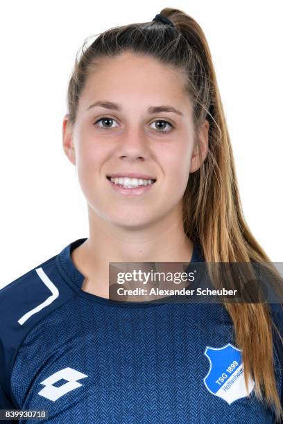 Isabella Hartig of 1899 Hoffenheim poses during the Allianz Frauen Bundesliga Club Tour at Hoffenheim Trainingszentrum on August 23, 2017 in St....