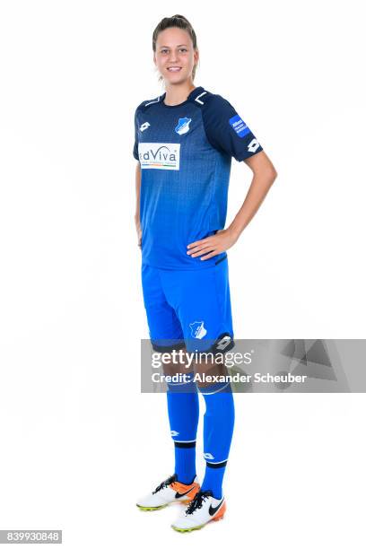 Franziska Harsch of 1899 Hoffenheim poses during the Allianz Frauen Bundesliga Club Tour at Hoffenheim Trainingszentrum on August 23, 2017 in St....