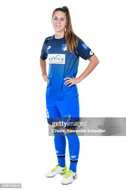 Isabella Hartig of 1899 Hoffenheim poses during the Allianz Frauen Bundesliga Club Tour at Hoffenheim Trainingszentrum on August 23, 2017 in St....