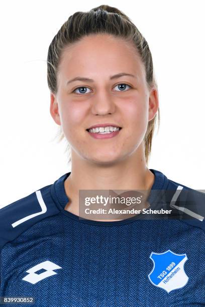 Franziska Harsch of 1899 Hoffenheim poses during the Allianz Frauen Bundesliga Club Tour at Hoffenheim Trainingszentrum on August 23, 2017 in St....